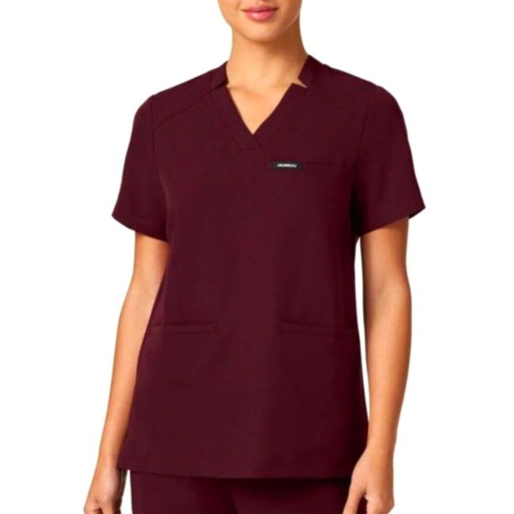 Jaanuu Women's Helia Burgundy Notched V-Neck SS Scrubs Top Size S